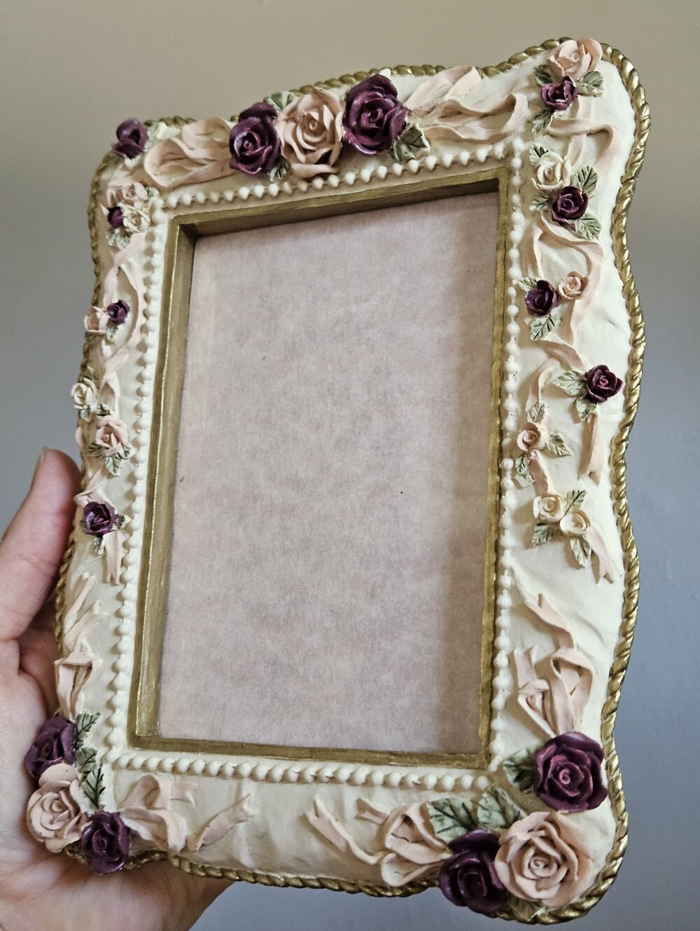 vintage 3.5" x 5" roses ribbons bows sculpture picture frame girlcore coquette